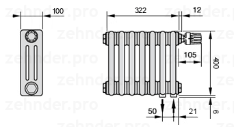 Схема (чертеж) Радиатор Zehnder Charleston 3040/7 №V002 Белый глянцевый RAL 9016